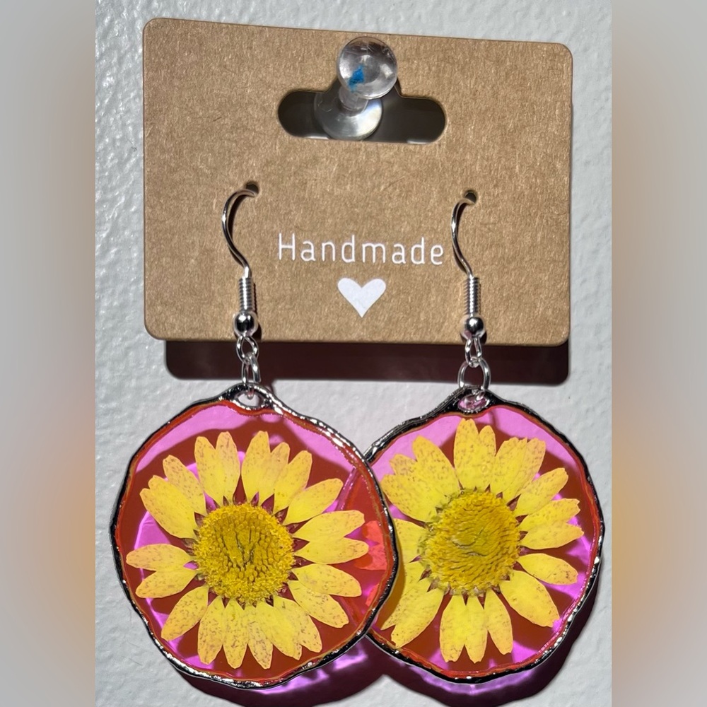 Handmade Sunflower Dangle Earrings - Pink and Yellow